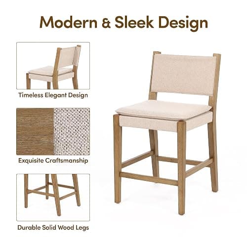 AllForWood Jayden Premium Solid Wood Mid-Century Upholstered Counter Stools 24", Set of 2, Solid Rubberwood Legs, Natural Flax, Modern Light Brown Finish for Kitchen Island, Dining Room, Home Bar thumbnail 7