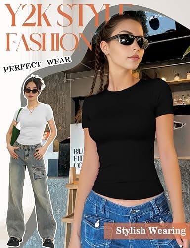 YOGINGO 2 Pack Womens Basic Short Sleeve Crew Neck T Shirt Slim Fit Tee Clothes Summer Y2k Going Out Crop Tops Tight Shirts thumbnail 6