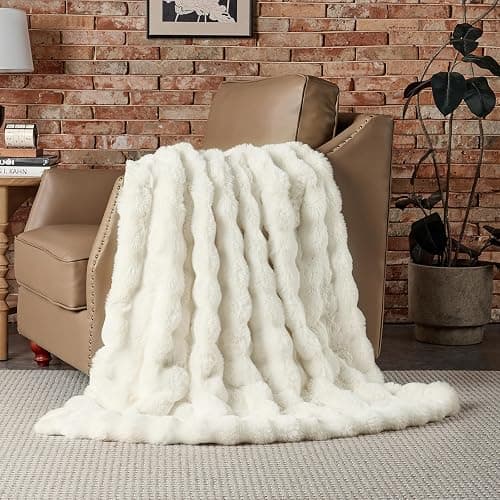 Lotus Karen Faux Fur Blanket - Cream White Twin Size, Big Bubble Rabbit Fluff, 60x80 Inches thumbnail 4