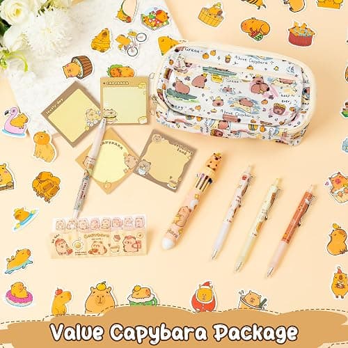 GwaOery Capybara Pencil Case Multi-Layer Stationery Set Multifunctional Pencil Pouch Large Capacity Case with Zip Include Capybara Pens Stickers Sticky Notes for Office Kids Students School Supplies thumbnail 5