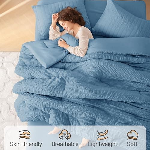 MUXHOMO 7 Pieces Queen Comforter Set, Seersucker Bed in a Bag Queen Size, All Season Luxury Bedding Set with Comforter, Flat Sheet, Fitted Sheet, Pillowcases & Shams, Mineral Blue thumbnail 2