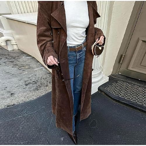 utcoco Womens Faux Suede Long Trench Coat Notched Lapel Double Breasted Pea Coat Overcoat with Belt thumbnail 4
