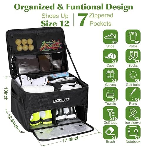 BAIXIXIG Golf Trunk Organizer, Waterproof Car Golf Locker with Separate Ventilated Compartment for 2 Pair Shoes, Golf Storage for Balls, Tees, Cap, Clothes, Gloves, Accessories, Gifts for Men, Women thumbnail 4