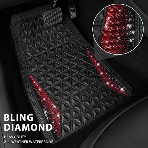CAR PASS Bling Diamond Car Mats Rubber Floor Mats Full Set Anti-Slip 3D Rhombus Waterproof Trim to Fit Liner Universal Glitter Crystal Sparkly Shining Rhinestone Girl Women SUV Sedan Van, Black Red thumbnail 2