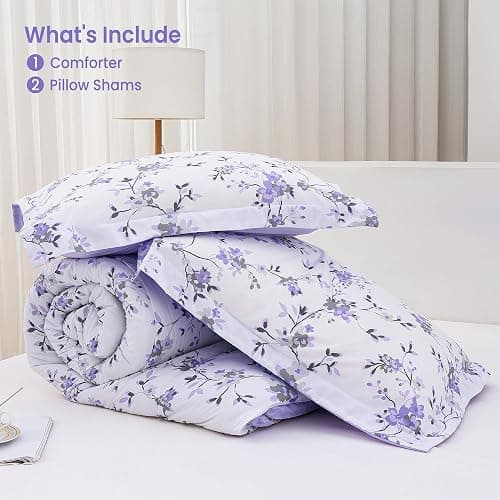 Mooreeke Floral Queen Size Comforter Sets, Lightweight Purple Lavender Botanical Printed Bedding for All Seasons, 3-Piece Vintage Bed in a Bag with Fluffy Quilted Reversible Comforter & 2 Pillow Shams thumbnail 4