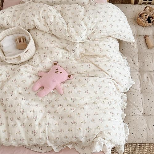BuLuTu Muslin Cotton Toddler Duvet Cover Soft Double Layers Gauze Bedding Duvet Covers for Toddler Girls Kids Quilt Cover, 47"x59", Azalea Print (No Pillow Cases) thumbnail 4