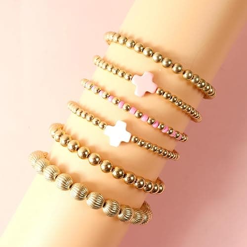 Long tiantian Gold Beaded Bracelet Stack for Women Pearl Cross Stretch Bracelets Non Tarnish Trendy Halloween Christmas Jewelry Gifts thumbnail 7