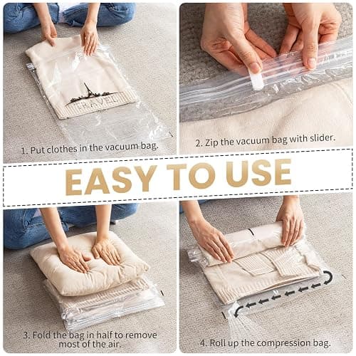 TAILI 12 Pack Travel Compression Bags, Roll Up Space Saver Bags (6 Large+6 Medium), No Vacuum Needed Reusable Packing for Luggage, Suitcase, Backpack, Travel Essentials, Clear thumbnail 5