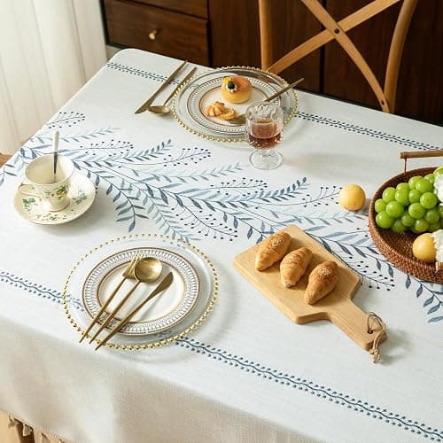 VOGOL Blue Leaf Embroidered Tablecloth, Linen Textured Rectangle Waterproof Wrinkle Free Table Cover for Family Dinner Table or Outdoor Gathering, 55 x 102 Inches thumbnail 7
