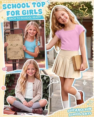 LessonZoo 3 Pack Girls' Short Sleeve Crop Tops | Cap Short Sleeve, Square Neck, Slim Fit, Cropped Tees, Basic Layerings, Cute, Casual, Back to School, Trendy, Vacation thumbnail 2