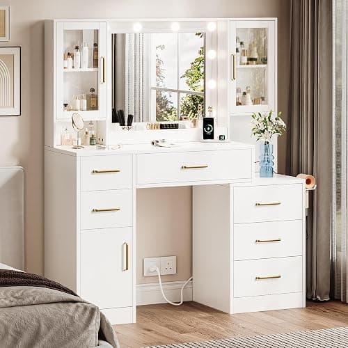 Makeup Vanity Desk with Mirror and Lights, Makeup Vanity Table with Lighted Mirror, Nightstand Dressing Table with Mirror and Lights, 51" Big Vanity with 6 Drawers & Lots Storage Space for All Girls - Image 1