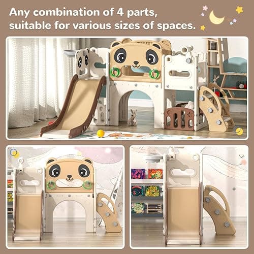 NYEEKOY 9 in 1 Toddler Slide and Climber Playset Indoor Outdoor Kids Slide with Basketball Hoop,Telescope and Storage Space, Freestanding Backyard Playground for Children Age 1-6 - Brown thumbnail 7