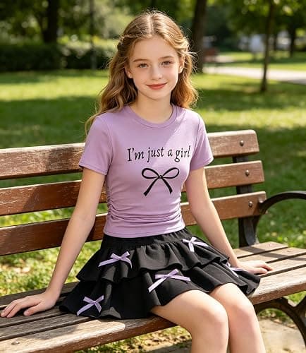 FJLSJSW Teenage Girls Skirt Set 2 Piece Short Sleeve Top Shirred Tiered Skirt Outfit Skirt for Teen Girls 7-13 Years thumbnail 4