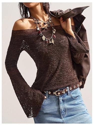 BEAUDRM Women's Lace Off The Shoulder Tops Boho Western Bell Sleeve Top | Sheer Mesh, Foral Lace, Flare Sleeve, Long Sleeve, Boho, Western, Gothic, Fitted T Shirts thumbnail 3