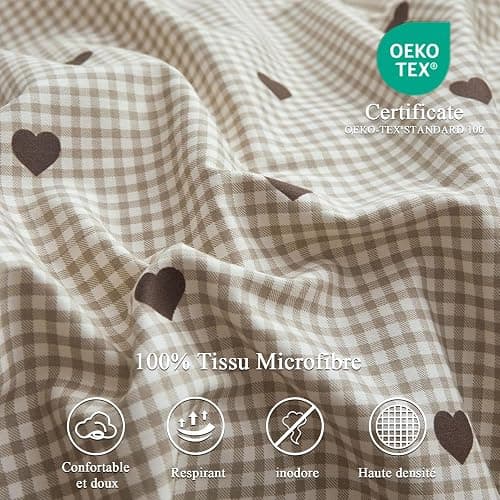 Freyamy Housse de Couette 200x200cm+2 Taie d'oreiller 65x65cm Coeur Plaid Kaki Marron Parure de lit 2 Personnes Adulte Motif du Cœur Sets de Housse Couette en Microfibre avec Fermeture Éclair thumbnail 5