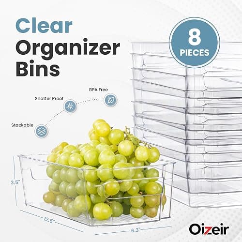 Oizeir 8 Pack Clear Plastic Fridge Organizer Bins – Stackable Refrigerator & Pantry Storage Bins with Handles for Snacks, Freezer, Kitchen Cupboard, and Cabinet Organization thumbnail 2