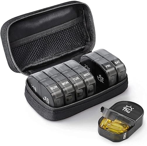 AUVON Canvas Bag Pill Boxes 7 Day 2 Times a Day, Large AM/PM Pill Box Organiser with Portable Zipper Cloth Bag for Holding Supplements, Vitamins and Fish Oils (Black)