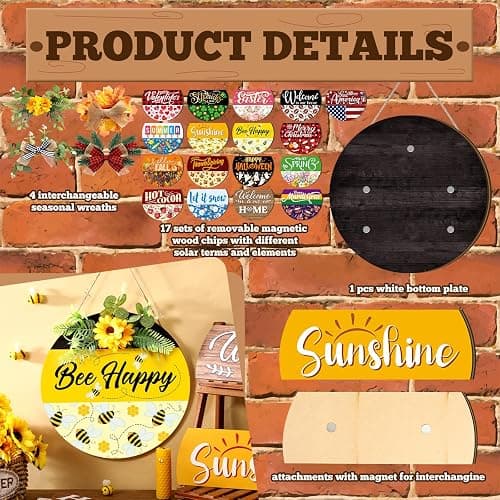 Vicenpal Interchangeable Welcome Sign for Front Door with 17 Magnetic Icons, Wooden Seasonal Front Porch Door Decor with 4 Seasonal Wreaths and 17 Changeable Icons for Holiday Party(Black) thumbnail 4