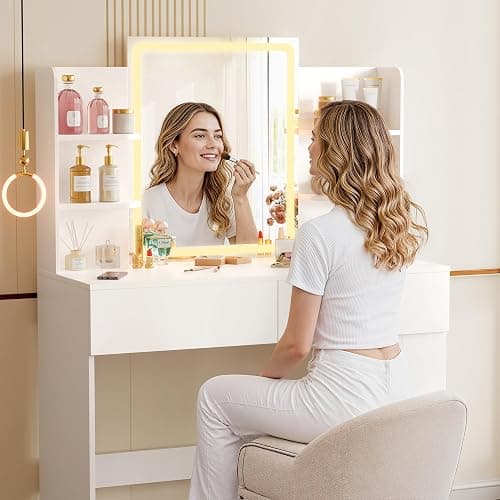 YESHOMY Vanity Desk with Mirror and Lights,35.4" Makeup Vanity with 2 Storgae Drawers, 2 Side Shelves and Open Storage Shelves, 3 Color Modes, for Bedroom, Pure White thumbnail 7