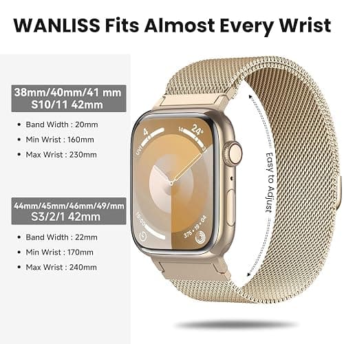 WANLISS Original Metal Milanese Loop Compatible with Apple Watch Band 38mm 40mm 41mm 42mm 44mm 45mm 49mm for Women Men, Magnetic Steel for iWatch Se Ultra Series 10 9 8 7 6 5 4 3 2 1,Champagne gold thumbnail 4