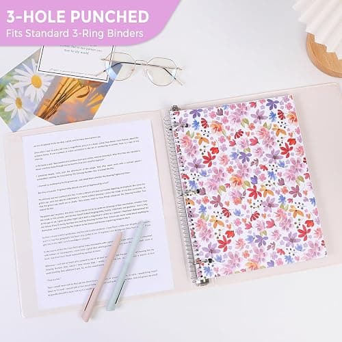 SKYDUE 8"x10.5" Spiral Notebook - College Ruled 100 Sheets, 1 Subject Notebook for School & Office, 3-Hole Punched Paper, Floral Design thumbnail 5
