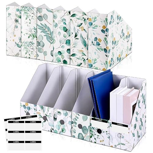PerKoop 6 Pcs Decorative Magazine File Holders Foldable, Eucalyptus Leaves | Eucalyptus Leaves Pattern Design, Rack Desk Organizer Documents, with Printable Labels, for School Office Home Organization - Image 1