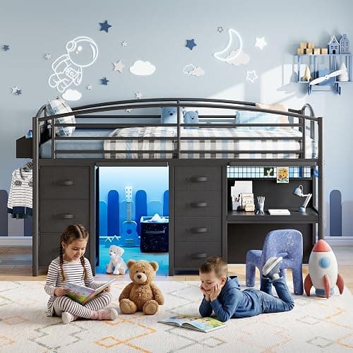 Low Loft Bed Twin Size with 7 Storage Drawers, Desk and LED Lights, Heavy Duty Metal Kids Loft Bed with 13.8" H Safety Guardrail, Anti-Collision Pad, Private Play Curtain, Under-Bed Play Space - Black thumbnail 8