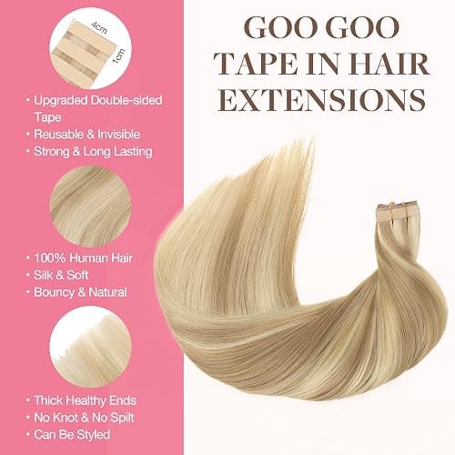 GOO GOO Tape in Hair Extensions Human Hair, 18A/613A Dark Blonde Highlighted Bleach Blonde, 20inch 100g 40pcs, Skin Weft Seamless Invisible, Silky Straight with Thick Ends, Remy Human Hair thumbnail 2
