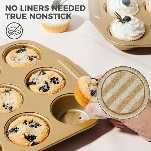 HONGBAKE 9-Piece Nonstick Bakeware Set, Wave Texture for Easy Release, 0.8mm Thick Non-Toxic Baking Pans Set, Includes Stackable Cookie Sheets, Antique Gold thumbnail 3
