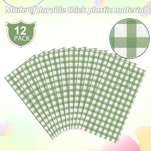 12 Pack Sage Green Plastic Checkered Tablecloth Round, Premium Decorative Disposable Sage Green Gingham Plaid Table Cloths for Parties, Round Party Table Cover for Baby Shower Picnic Birthday, 84 Inch thumbnail 5