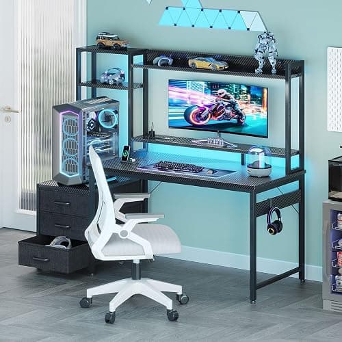 Casaottima 48 Inch Gaming Desk with Hutch & 3 Fabric Drawers, Computer Desk with USB Ports & LED Lights, Reversible Pc Gamer Table with Monitor Stand for Home Office, Carbon Fiber Black thumbnail 4