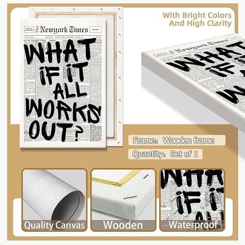 Drimiler Retro Black And White Newspaper Poster What If It All Works Out Canvas Wall Art Positive Affirming Quote Minimalist Prints Painting For Home Bedroom Dorm Wall Decor 16x24in Wframed thumbnail 2