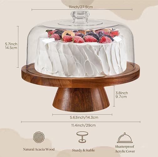 HBlife Cake Stand with Lid (11.4"), Multifunctional Cake Stand with Acrylic Dome, Acacia Wood 6-in-1 Cake Plate Display Stand with Cover for Baking Gifts, Birthday Kitchen Parties, Weddings thumbnail 3