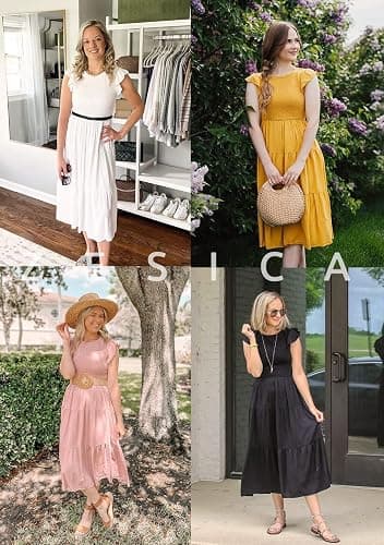 ZESICA Women's 2026 Summer Casual Flutter Short Sleeve Crew Neck Smocked Elastic Waist Tiered Midi Dress thumbnail 7