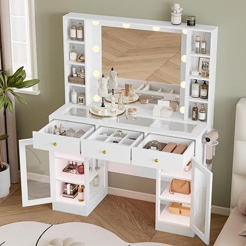 Wodeer Makeup Vanity Desk with Mirror and Lights, White Vanity with Glass Top, LED Lights & Power Outlet, 3 Drawers & 2 RGB Glass Cabinets, Adjustable Lighted Dressing Table for Women & Girls Bedroom thumbnail 5