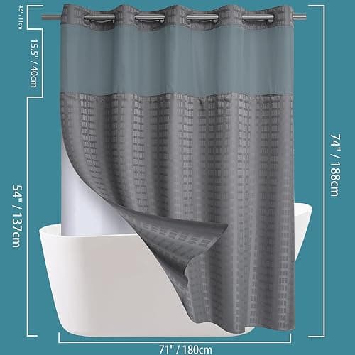 Conbo Mio Hotel Style Fabric Shower Curtain with Snap in Liner for Bathroom Machine Washable Waterproof Repellent (Check-Grey,71" W x 74" H) thumbnail 2