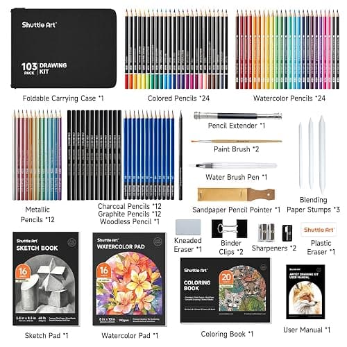 Shuttle Art 103 PCS Drawing Kit, Professional Drawing Supplies with Sketch, Charcoal, Colored, Graphite, Pastel Pencils & Sticks, Complete Drawing Tools and Paper Pads in Zipper Case for Artists&Kids thumbnail 3