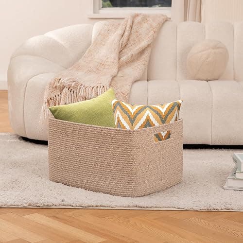 OIAHOMY 75L Large Woven Cotton Rope Storage Basket with Handle for Organizing Blanket and Toys for Living Room, Nursery, Brown Variegated 22”x17”x12” thumbnail 2