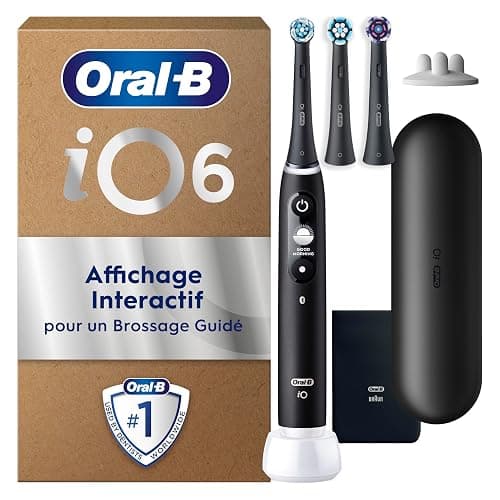 Oral-B Brosse A Dents Electrique iO 6 Noire, 5 Modes De Brossage Dont Blancheur Et Soin Des Gencives, Capteur De Pression, Ecran Interactif, 3 Brossettes De Rechange Oral B, Etui De Voyage, Carton - Image 1