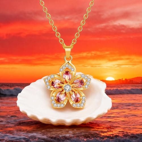 Spinning Necklace Women Gold Plated Flower Pink Crystal Pendant Necklace thumbnail 6