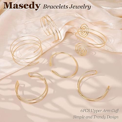 Masedy 6PCS Gold Arm Cuff Bracelets for Women Upper Armband Open Adjustable Wrist Arm Bangle Bracelets Set Minimalist Thin Stack Coil Swirl Trendy Armlet Jewelry thumbnail 3