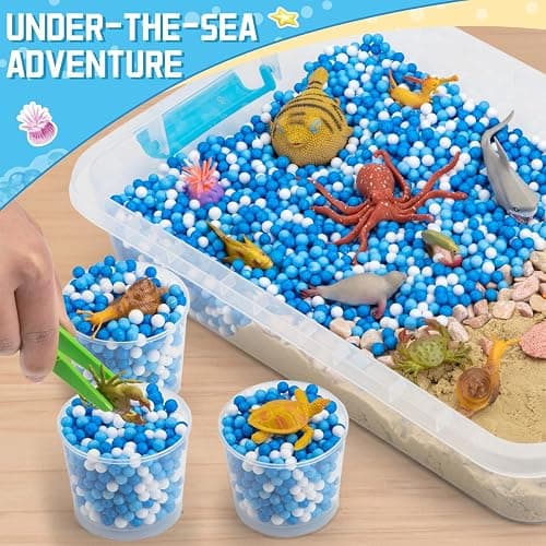 Ocean&Sand Sensory Bin with Lid, 42 Pcs Sensory Sand Kit with Sea Animals for Kids, Birthday Christmas Gifts for Boys Girls, Preschool Learning Activities Tools Box, Outdoor Sandbox Toys for Toddlers thumbnail 6