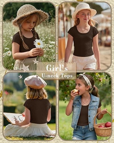 Oakgarden Girls Cap Sleeve T-Shirts Kids Ribbed Knit U-Neck Tops Fitted Short Sleeve Shirts Cute Summer Basic Tees 5-14 Years thumbnail 3
