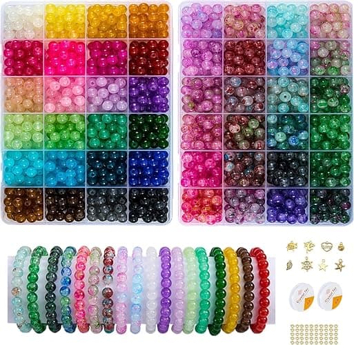 【2 Pack】 More Than 1300PCS Round Glass Beads for Jewelry Making,48 Colors 8mm Crystal Beads for Bracelets Jewelry Making and DIY Crafts, 2 Box Round Beads Suitable for Beginners. (Solid+Printing) - Image 1