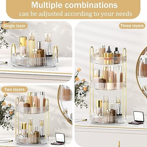 MOKANI 360 Rotating Makeup Organiser, 3 Tiers Spinning Skincare Organiser, Multi-Function Make Up Storage, Large Capacity Cosmetic Perfume Stand for Vanity, Bathroom and Bedroom thumbnail 6
