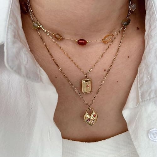 UniLogue Fashion Versatile Stainless Steel 18K Gold Plated Pink Zircon Love Lock Square Pendant Star Gold Necklace Natural Stone Beads Jewelry thumbnail 2