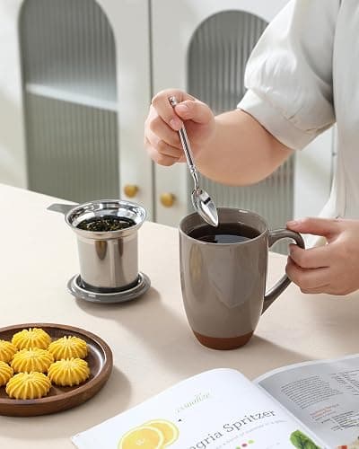 MALACASA Ceramic Tea Mug with Lid and Stainless Steel Infuser, 18 oz Large Tea Cup for Loose Leaf Tea, Heat-Resistant, Microwave & Dishwasher Safe, Speckled Glaze Coffee & Tea Brewer Mug, Khaki Brown thumbnail 9