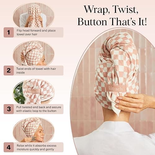 Kitsch XL Microfiber Hair Towel Wrap for Women – Ultra Absorbent Microfiber Towel for Wet, Curly, Long or Short Hair – Quick Dry, Anti-Frizz Hair Wrap – Terracotta Checkered, 40x24 inches thumbnail 7