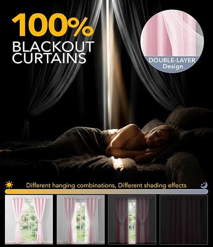 TopNaps 100% Blackout Curtains with Sheer Overlay, 2 Panels Thermal Insulated Double Layer Grommet Drapes for Girls Bedroom Living Room Darkening Apartment Windows Decor, 52" W x 84" L, Pink thumbnail 3