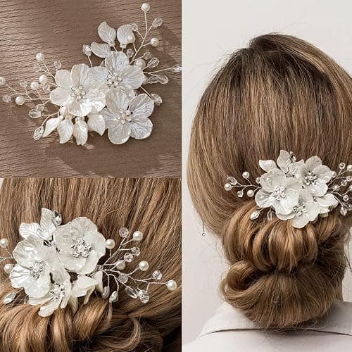 3 PCS Large Flower Bridal Wedding Hair Pins Crystal Pearl Hair Clips Headpiece Bride Hair Accessories Jewelry with Rhinestone, Glitter Emboss White Flower thumbnail 6